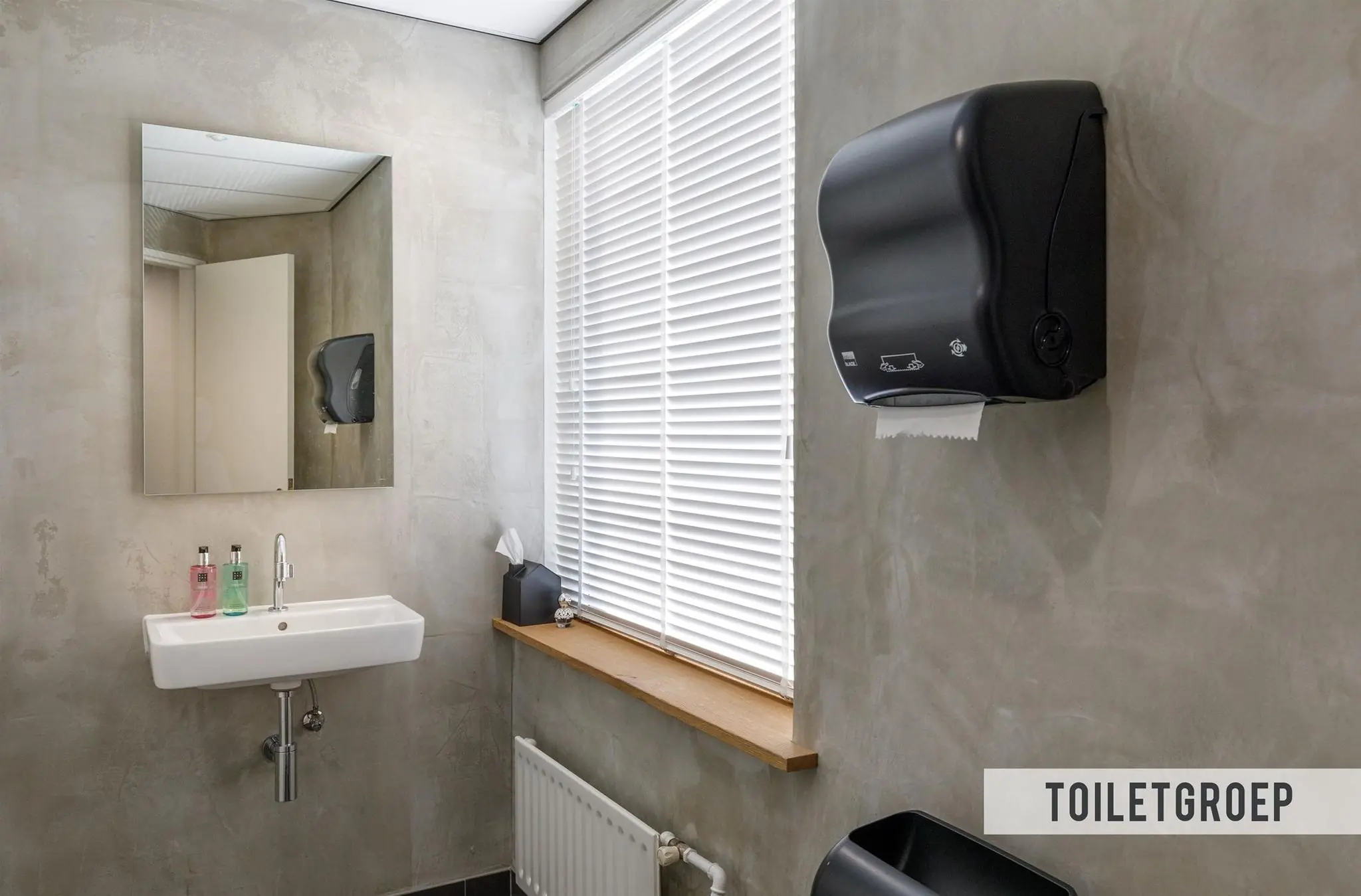 Moderne toiletruimte aan de Baarnsche Dijk met wastafel, spiegel, zeepdispensers en papierenhanddoekautomaat.